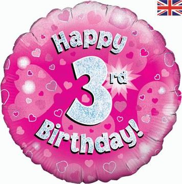 Oaktree 18inch Happy 3rd Birthday Pink Holographic - Foil Balloons